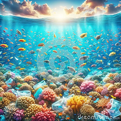 Coral Reef Underwater Ocean Pollution Contamination Plastic Bags Bottles AI Generated Stock Photo