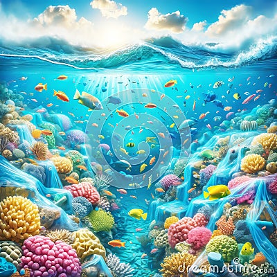 Coral Reef Underwater Ocean Pollution Contamination Plastic Bags Bottles AI Generated Stock Photo