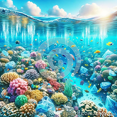 Coral Reef Underwater Ocean Pollution Contamination Plastic Bags Bottles AI Generated Stock Photo