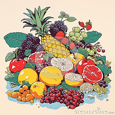 AI-Generated Riso-Style Fruit Image Stock Photo