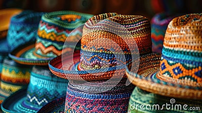 Rows of bright, patterned sombreros on display, embodying Mexican festive spirit. Stock Photo