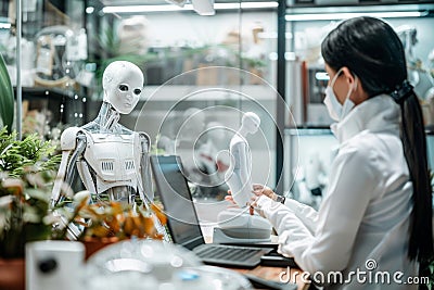 Scientists Working with AI Robot, Modern Technology, Digital Innovation, Advanced Robotics, Laboratory Environment Stock Photo