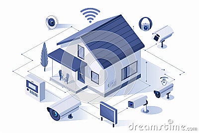 Security concepts integrating fast, automated alarms and advanced technology enhance home security setups for comprehensive protec Cartoon Illustration
