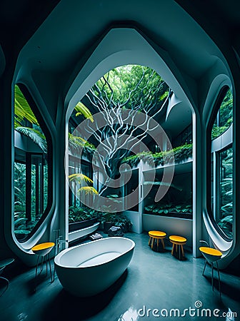 Ai generated a serene bathroom featuring a beautiful tree in the background Stock Photo