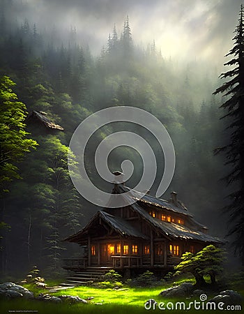 Ai generated a serene cabin nestled in the midst of a lush forest Stock Photo