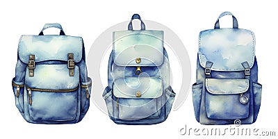 Ai generated set of watercolor illustrations of blue backpacks for study. Cartoon Illustration