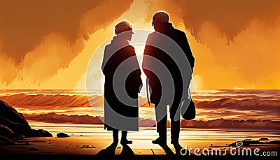 Silhouette of Elderly Couple, Beach, Made with Generative AI Stock Photo