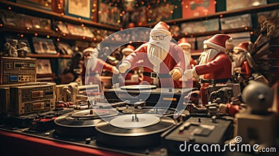 AI Generated. Small figures of cheerful Santa Clauses dance in an atmospheric store. Stock Photo