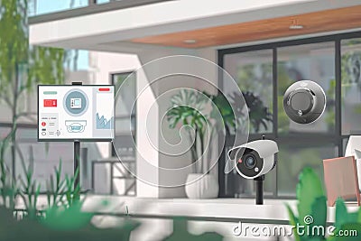 Camera protection in homes adjusts light settings harmoniously, controlled through responsive detection systems in Security enviro Cartoon Illustration