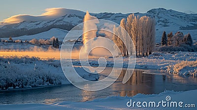 AI generated a snowy landscape with mountains, trees, a river and a geyser at sunset Stock Photo
