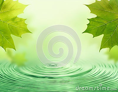AI generated,Soft green gradient background. maple leaf's pattern background. small water wave in bottom Stock Photo
