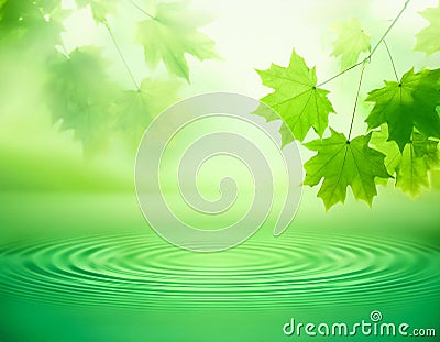 AI generated,Soft green gradient background. maple leaf's pattern background. small water wave in bottom Stock Photo