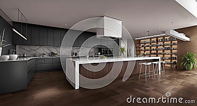 Ai generated a spacious kitchen with a wooden center island and elegant flooring Stock Photo