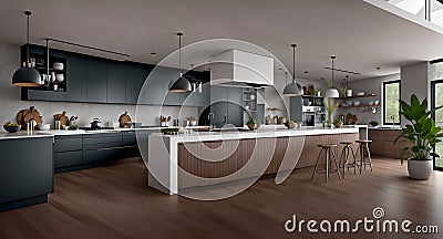 Ai generated a spacious and modern kitchen with a large center island for cooking and entertaining Stock Photo