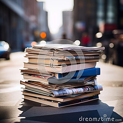 AI Generated. A stack of old, worn books and magazines lies on the asphalt. Stock Photo