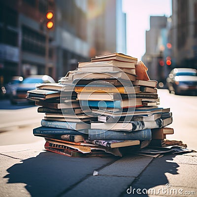 AI Generated. A stack of second-hand, tattered books and magazines on an asphalt road. Stock Photo