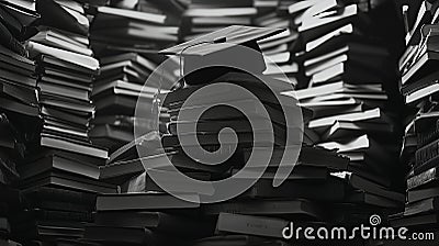 Stacks of books are arranged chaotically, creating a maze-like environment Stock Photo