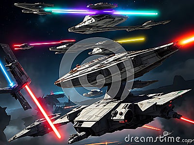 AI generated star war style spaceships in an air battle Stock Photo