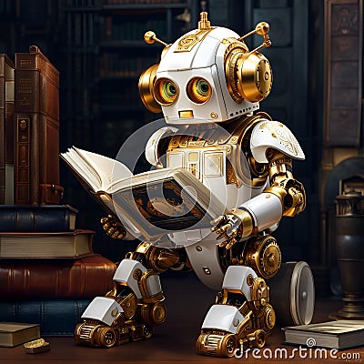 AI generated futuristic baby humanoid cyborg reading in library Stock Photo