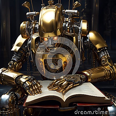 AI generated futuristic humanoid cyborg reading in library Stock Photo