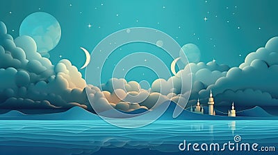 Illustration of Islamic Background with Mosque and Moon at Night, AI Generated Cartoon Illustration