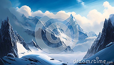 Snowy Peaks Above the Clouds: A Majestic Mountain Range Made with Generative AI Stock Photo