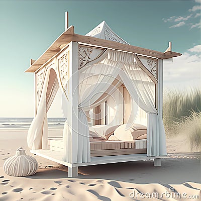 Tranquil Beachside Bungalow with Ocean View, Made with Generative AI Stock Photo