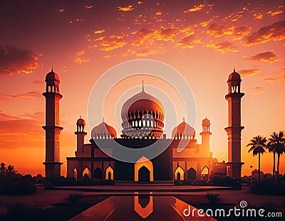 Sunset Splendor: Traditional Mosque Architecture at Eid Mubarak, Made with Generative AI Stock Photo