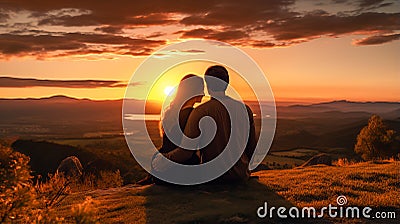 AI Generated Sunset Love Affair Couple Kiss in Nature Splendor Stock Photo