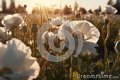 AI Generated Sunset Over Blooming white Poppy Field Cartoon Illustration