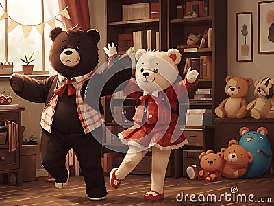 AI generated teddy bears (black and white colored) dancing together Stock Photo