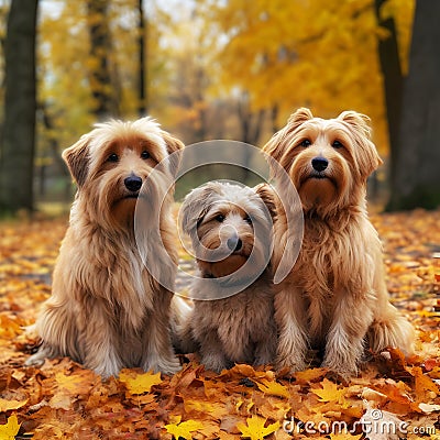 ai generated three fluffy ginger bearded terrier dogs sitting in autumn park walking on fallen leaves ai generated Stock Photo