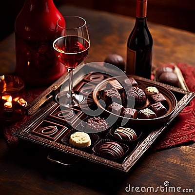 AI generated tray filled with an assortment of chocolates and two glasses of red wine Stock Photo