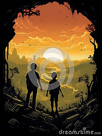 AI-Generated: Two Boys Embracing the Sunset on a Mysterious Road Stock Photo