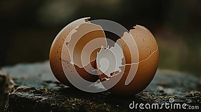 Two brown eggshells, split and empty, rest on a dark, textured surface Stock Photo