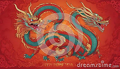 two chinese dragons on a red background Vector Illustration