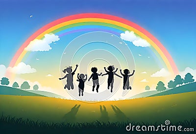 a vector illustration of children jumping and playing in the sky with the rainbow behind them Vector Illustration