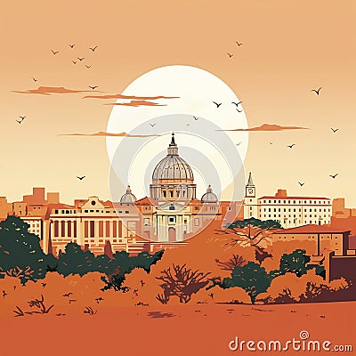 AI generated, vector illustration, flat style, view Rome, the capital city of Italy. Flat design with simple colors. Cartoon Illustration