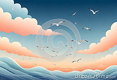 a vector illustration of seagulls flying in the sky above the ocean Vector Illustration