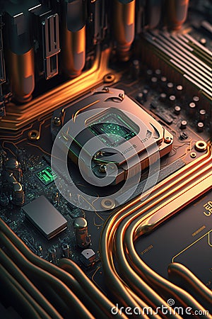 AI-generated vertical illustration of a CPU motherboard central computer processor Cartoon Illustration