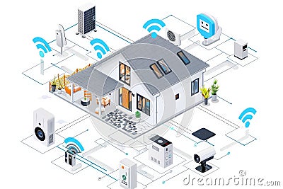 Smart homes utilize AI updates in cameras to safeguard seniors by networking sensors and applying machine learning. Cartoon Illustration
