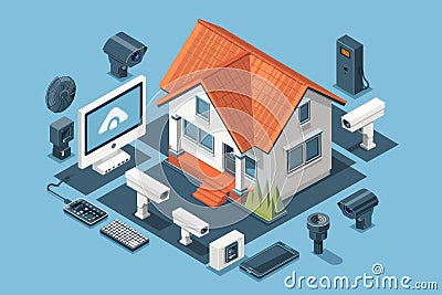 Seamless CCTV system integration authenticates security concepts, ensuring digital protection with analytics in responsive communi Cartoon Illustration