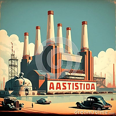 AI-Generated Vintage Power Station: Retro USSR Propaganda Poster Vibe Stock Photo