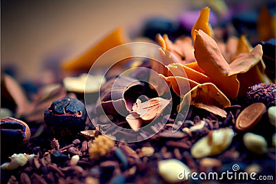 AI generated vivid closeup of dried blossoms, dried oranges, aromatic herb leaves, and seedpods employed as potpourri. Stock Photo