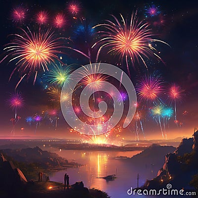 AI generated vividly colorful fireworks adorning the night skies above a water body Stock Photo