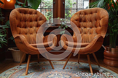 Warm and inviting lounge area with matching armchairs and wooden accents, creating a cozy and stylish environment perfect for c Stock Photo