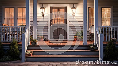 AI Generated Warmth of a Welcoming Home Exterior Soft Lighting and Inviting Entryway Stock Photo