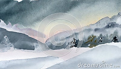 Abstract watercolor winter landscape Cartoon Illustration
