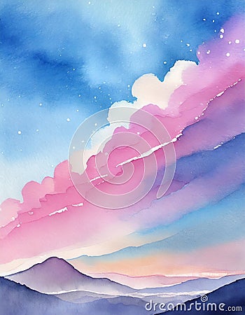 Blue and pink sky watercolor painting Cartoon Illustration