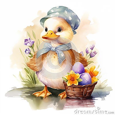 Ai generated watercolor illustration of Easter duckling in clothing sitting in a meadow with a basket of colored eggs Cartoon Illustration